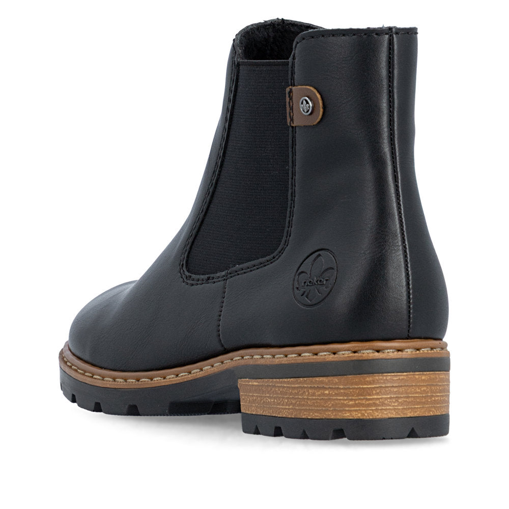Rieker Z9340-00 women's black zip & lace ankle boots, rear three-quarter view.