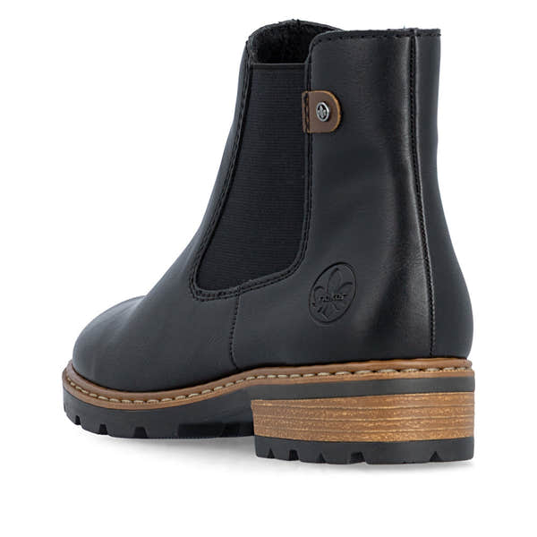 Rieker Z9340-00 women's black zip & lace ankle boots, rear three-quarter view.