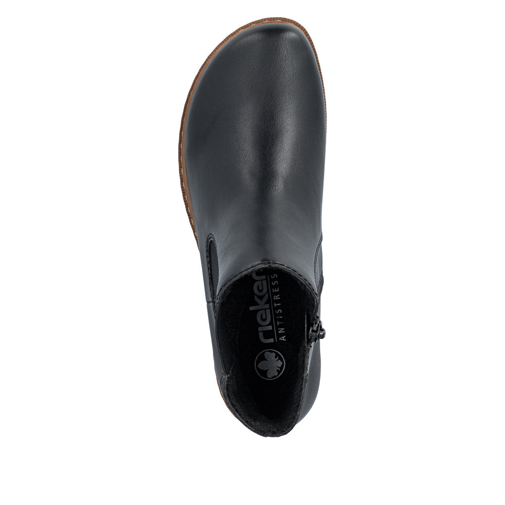 Rieker Z9340-00 women's black zip & lace ankle boots, top view.