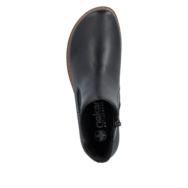 Rieker Z9340-00 women's black zip & lace ankle boots, top view.