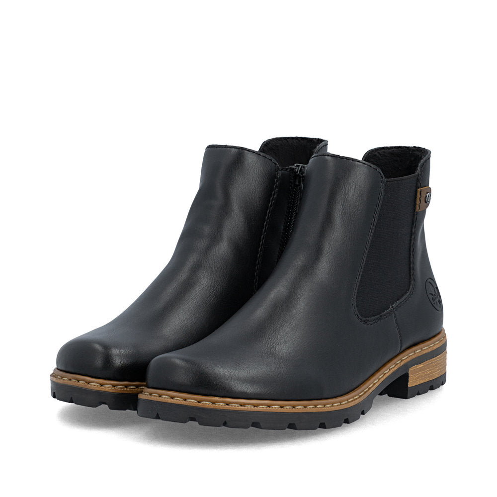 Rieker Z9340-00 women's black zip & lace ankle boots, paired three-quarter view.