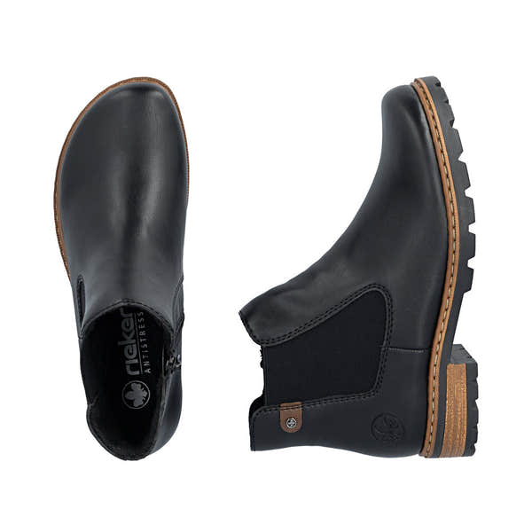 Rieker Z9340-00 women's black zip & lace ankle boots, two-angle product view.