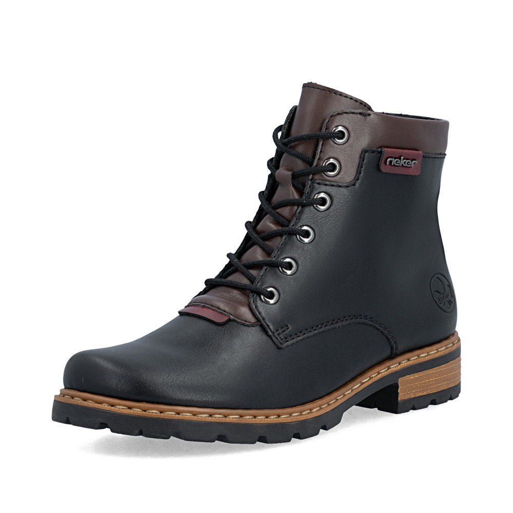 Rieker Z9354-00 women's black side zip ankle boots, front three-quarter view.