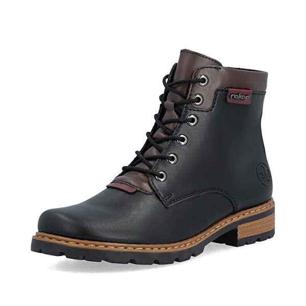 Rieker Z9354-00 women's black side zip ankle boots, front three-quarter view.