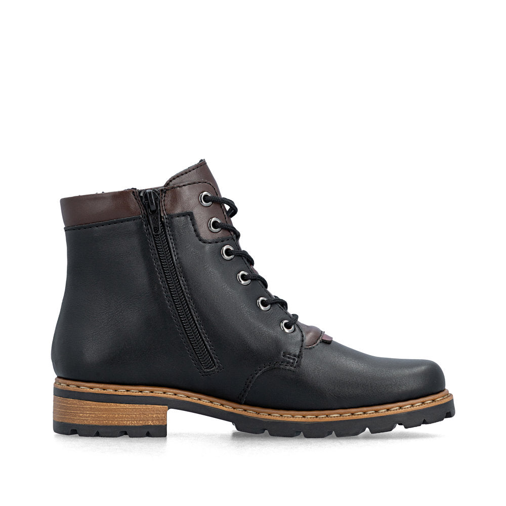 Rieker Z9354-00 women's black side zip ankle boots, outer side view.