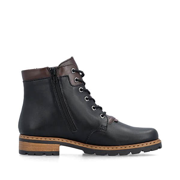 Rieker Z9354-00 women's black side zip ankle boots, outer side view.
