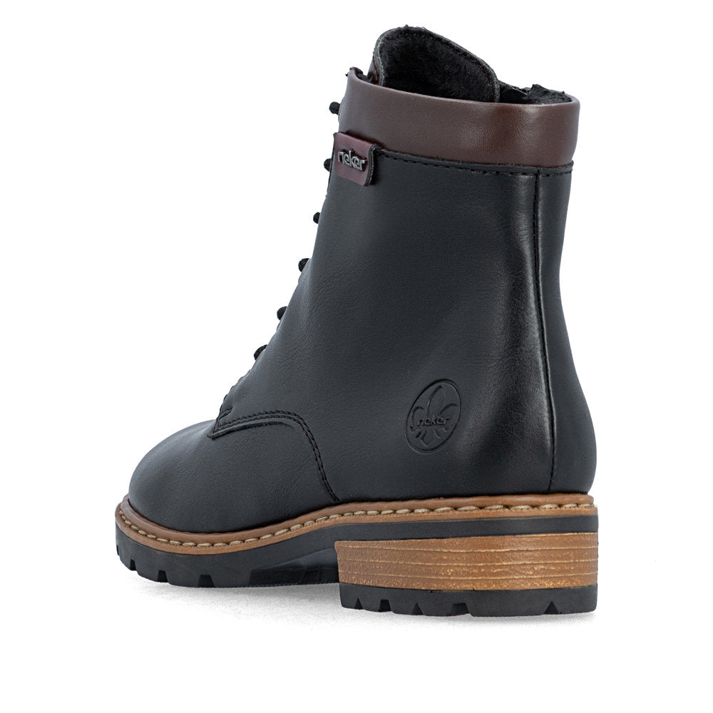 Rieker Z9354-00 women's black side zip ankle boots, rear three-quarter view.