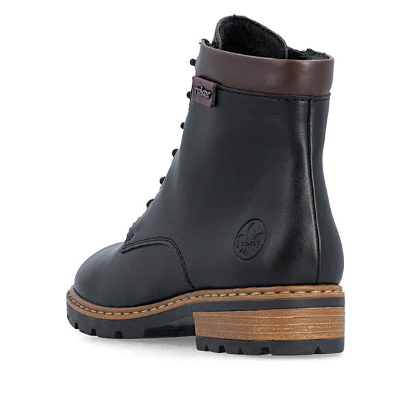 Rieker Z9354-00 women's black side zip ankle boots, rear three-quarter view.