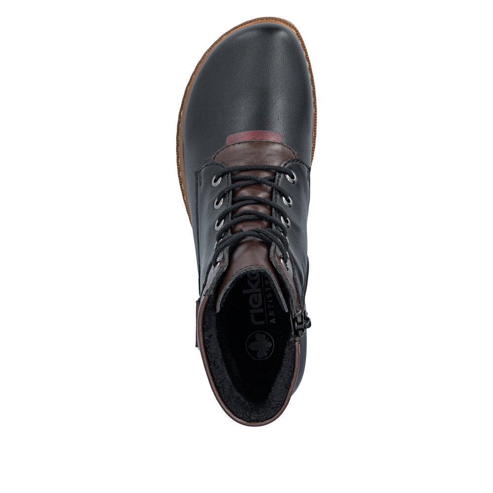 Rieker Z9354-00 women's black side zip ankle boots, top view.
