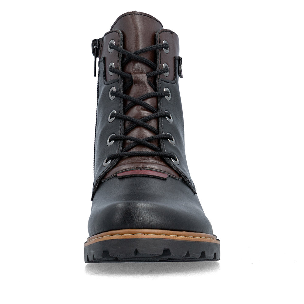 Rieker Z9354-00 women's black side zip ankle boots, front view.