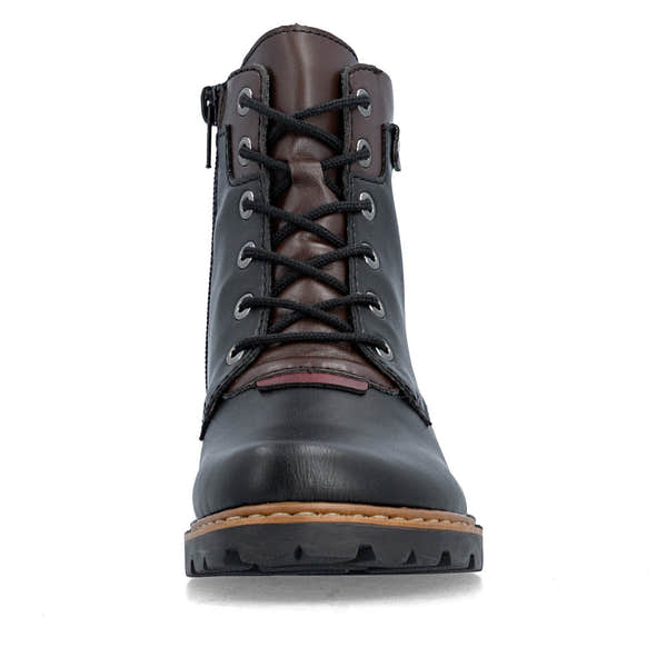 Rieker Z9354-00 women's black side zip ankle boots, front view.