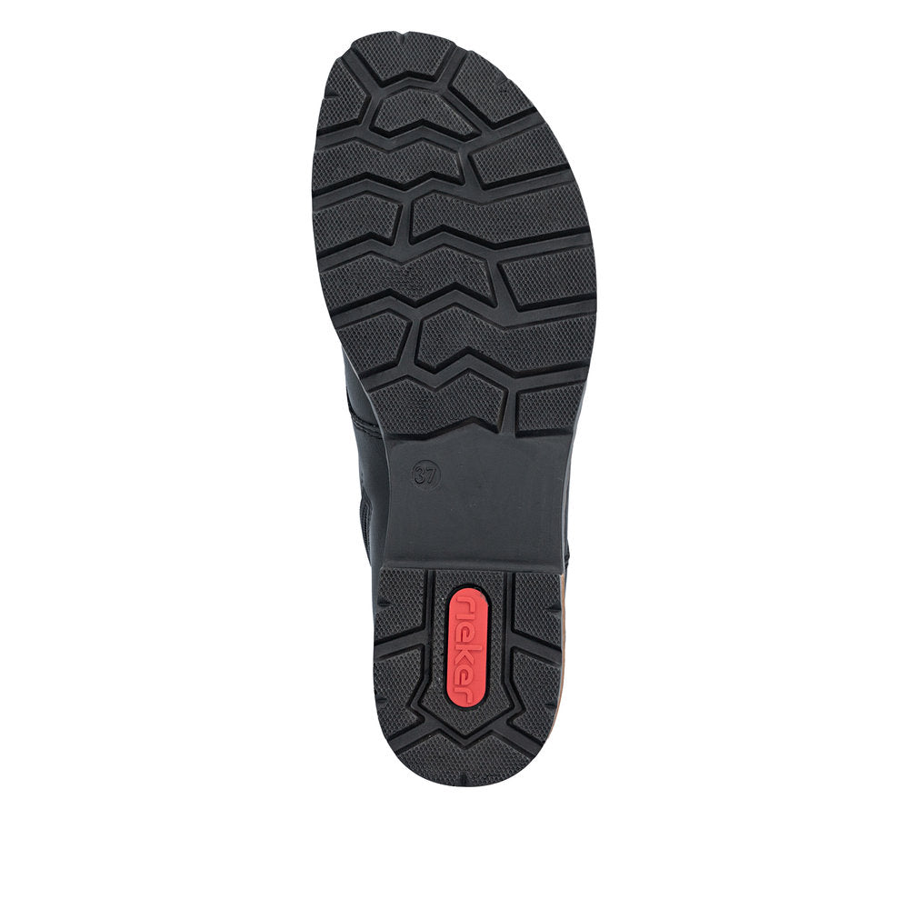 Rieker Z9354-00 women's black side zip ankle boots, sole and tread view.