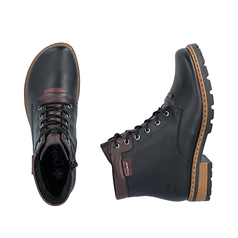 Rieker Z9354-00 women's black side zip ankle boots, two-angle product view.