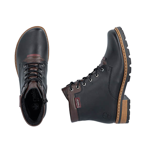 Rieker Z9354-00 women's black side zip ankle boots, two-angle product view.