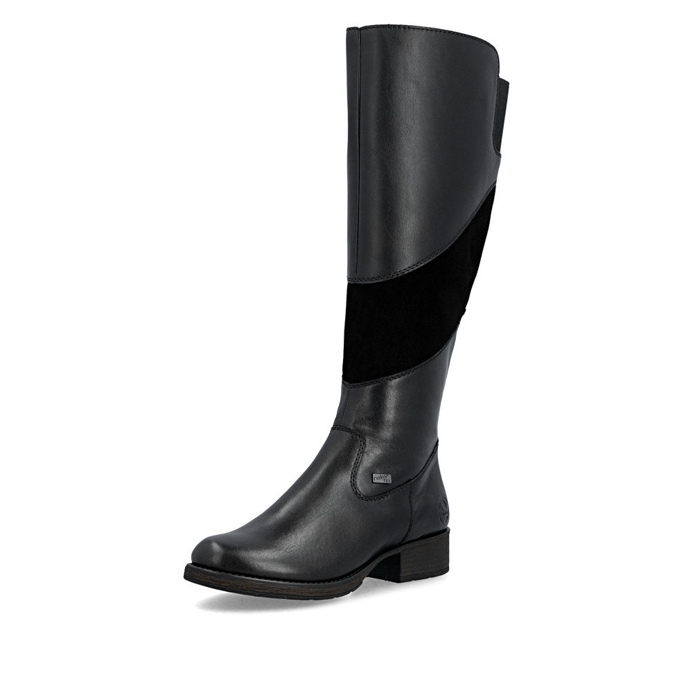 Rieker Z9566-00 women's black leather water resistant side zip knee high boots, front three-quarter view.