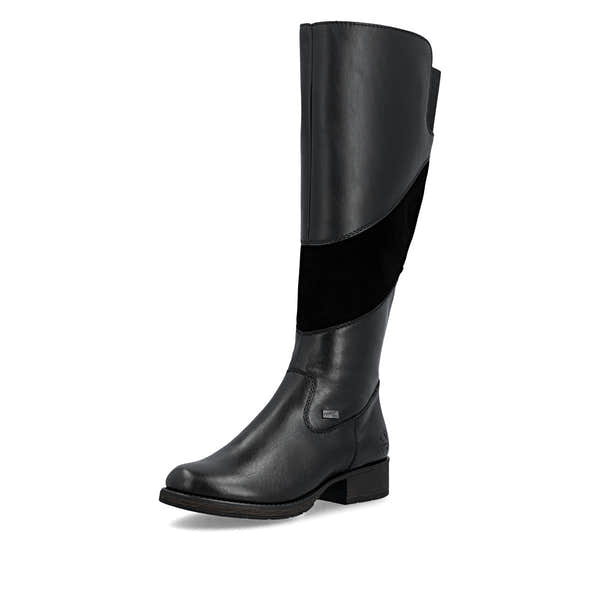 Rieker Z9566-00 women's black leather water resistant side zip knee high boots, front three-quarter view.