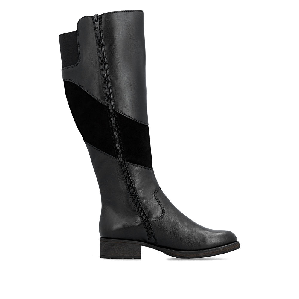 Rieker Z9566-00 women's black leather water resistant side zip knee high boots, outer side view.