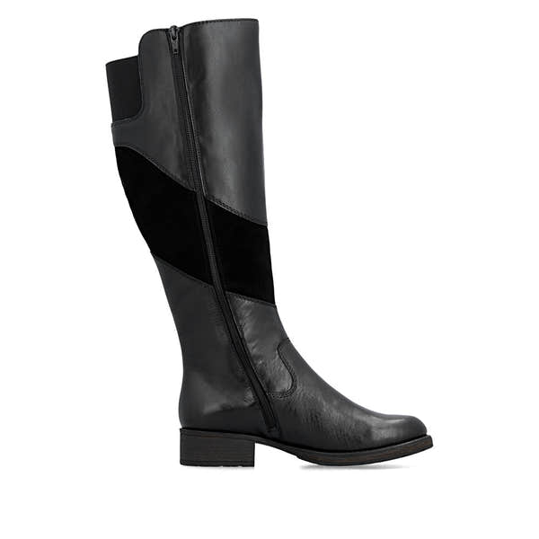 Rieker Z9566-00 women's black leather water resistant side zip knee high boots, outer side view.