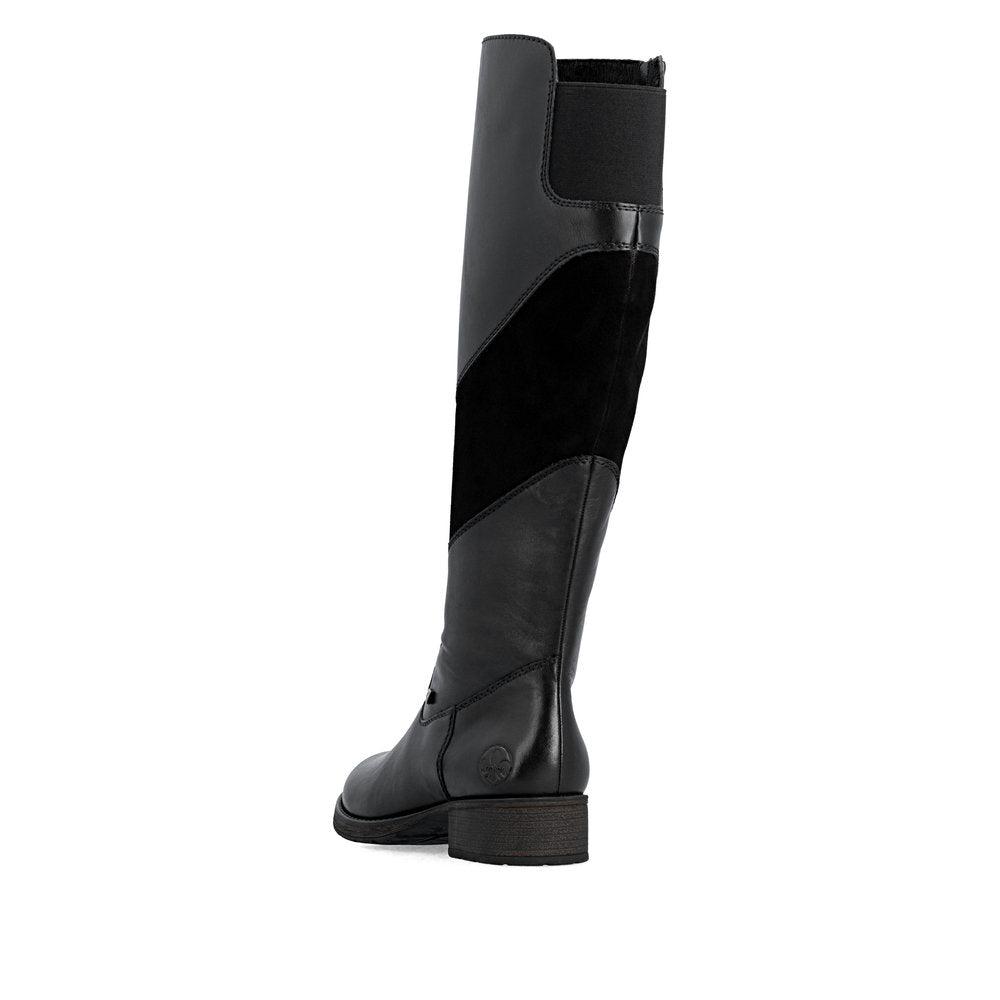 Rieker Z9566-00 women's black leather water resistant side zip knee high boots, rear three-quarter view.