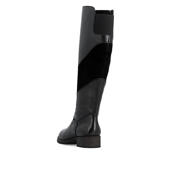 Rieker Z9566-00 women's black leather water resistant side zip knee high boots, rear three-quarter view.