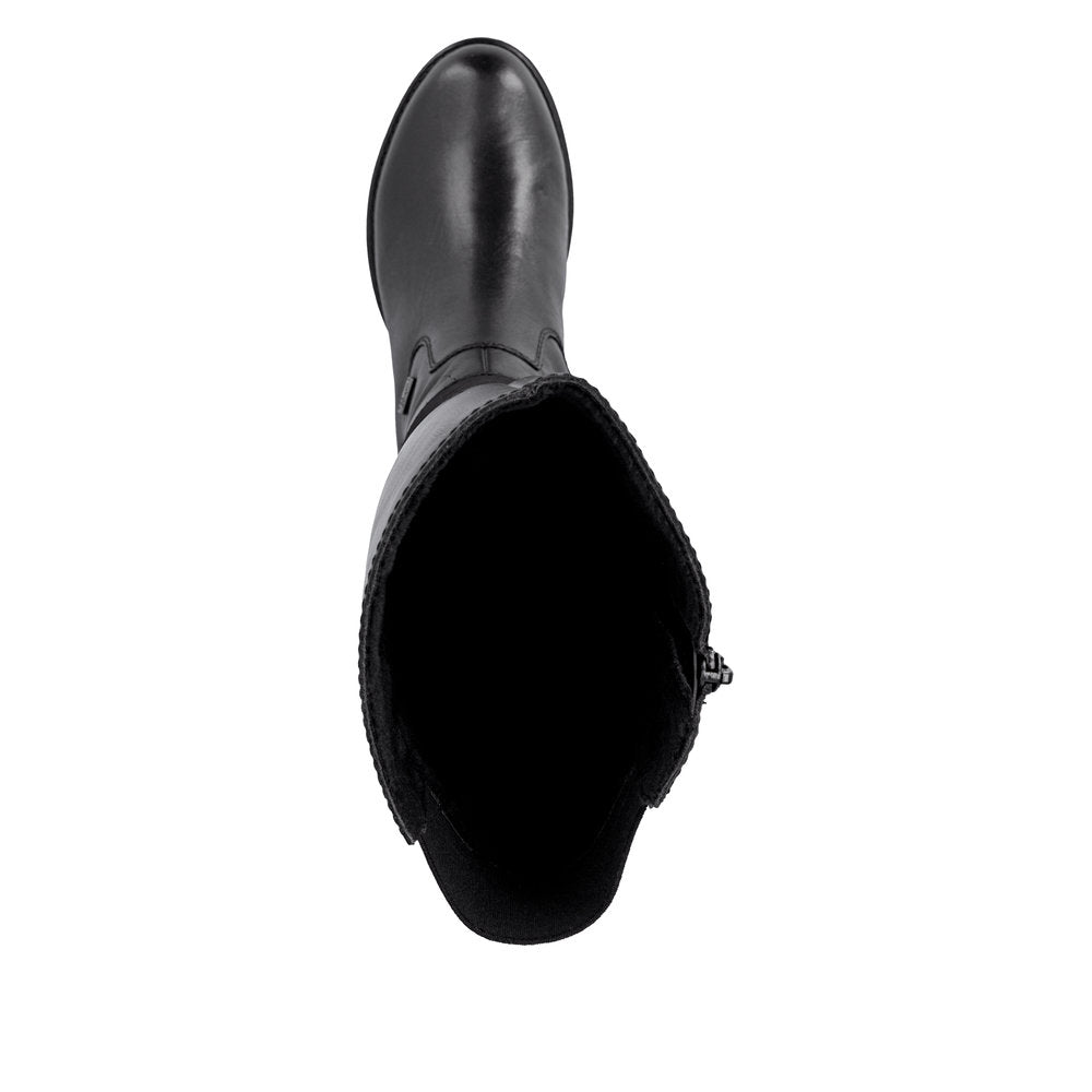 Rieker Z9566-00 women's black leather water resistant side zip knee high boots, top view.