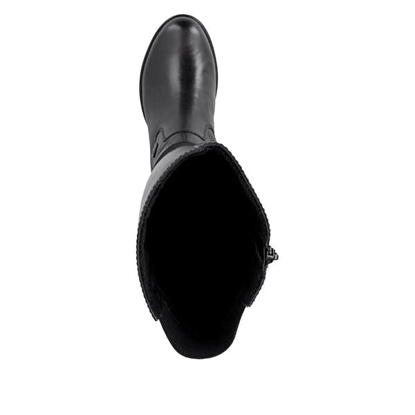 Rieker Z9566-00 women's black leather water resistant side zip knee high boots, top view.