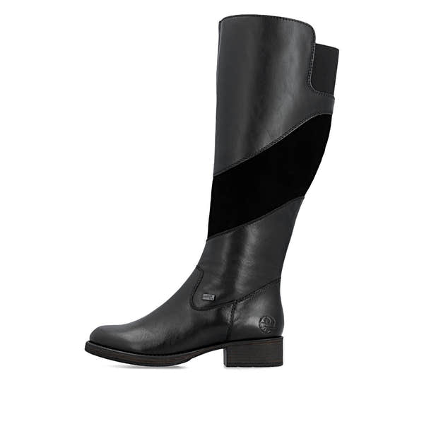 Rieker Z9566-00 women's black leather water resistant side zip knee high boots, inner side view.