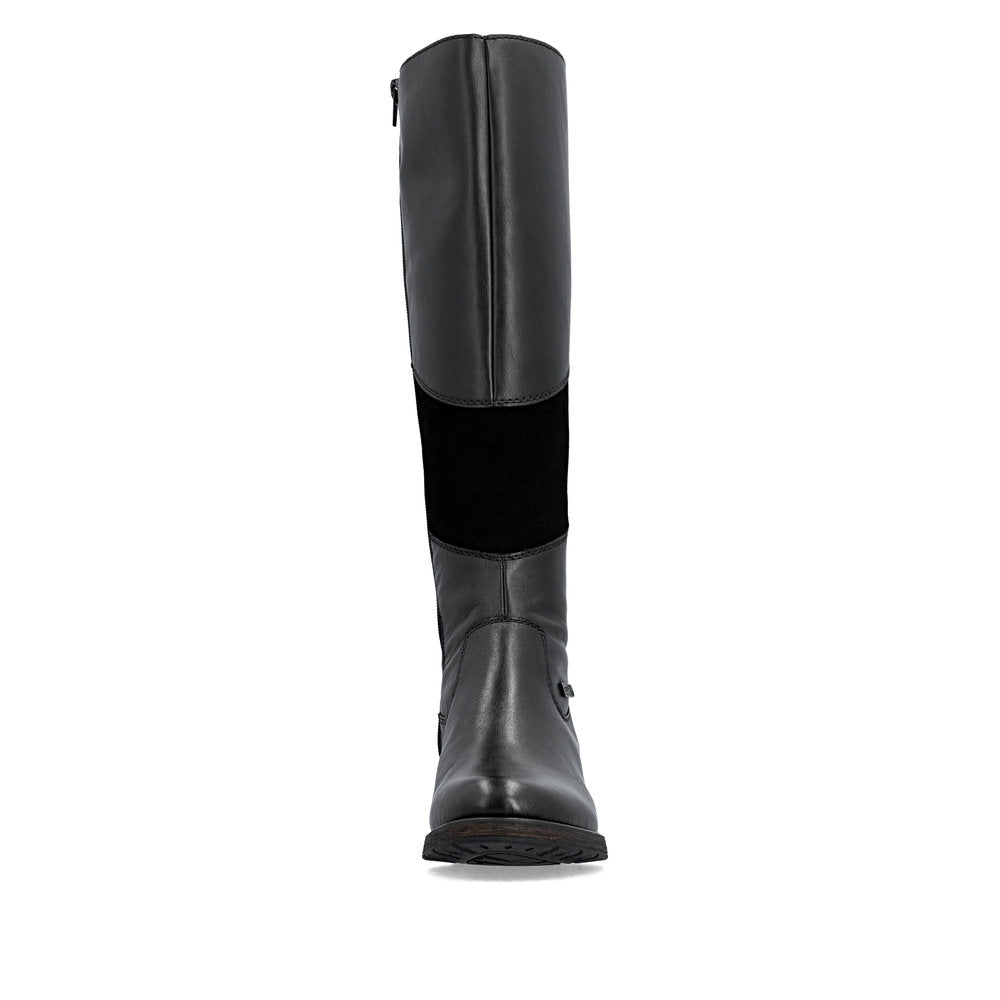 Rieker Z9566-00 women's black leather water resistant side zip knee high boots, front view.