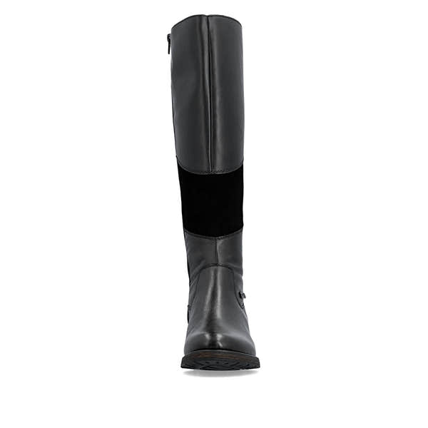 Rieker Z9566-00 women's black leather water resistant side zip knee high boots, front view.