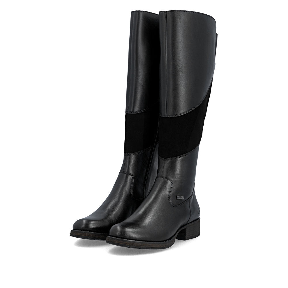 Rieker Z9566-00 women's black leather water resistant side zip knee high boots, paired three-quarter view.
