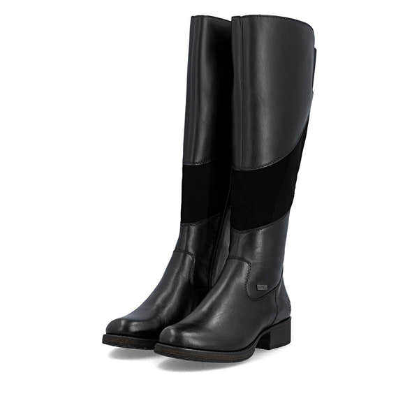 Rieker Z9566-00 women's black leather water resistant side zip knee high boots, paired three-quarter view.
