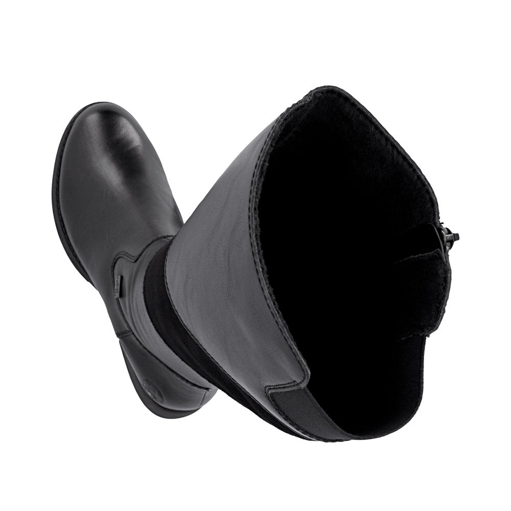Rieker Z9566-00 women's black leather water resistant side zip knee high boots, two-angle product view.