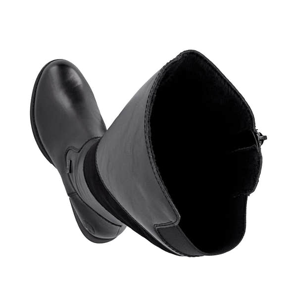 Rieker Z9566-00 women's black leather water resistant side zip knee high boots, two-angle product view.