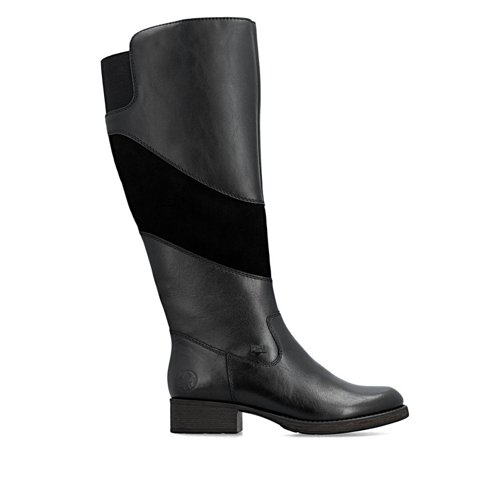 Rieker Z9566-00 women's black leather water resistant side zip knee high boots, opposite side view.
