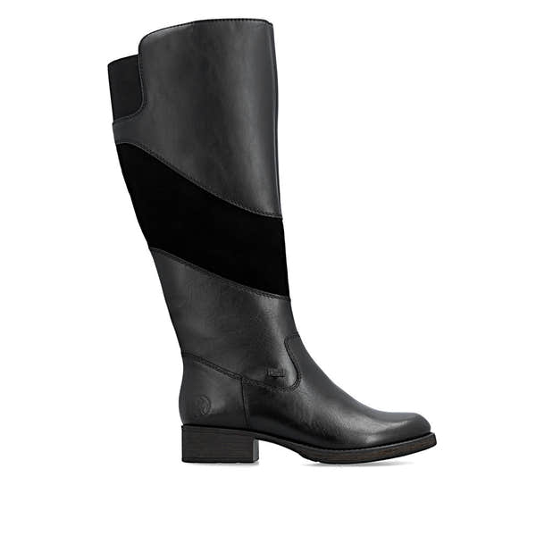 Rieker Z9566-00 women's black leather water resistant side zip knee high boots, opposite side view.