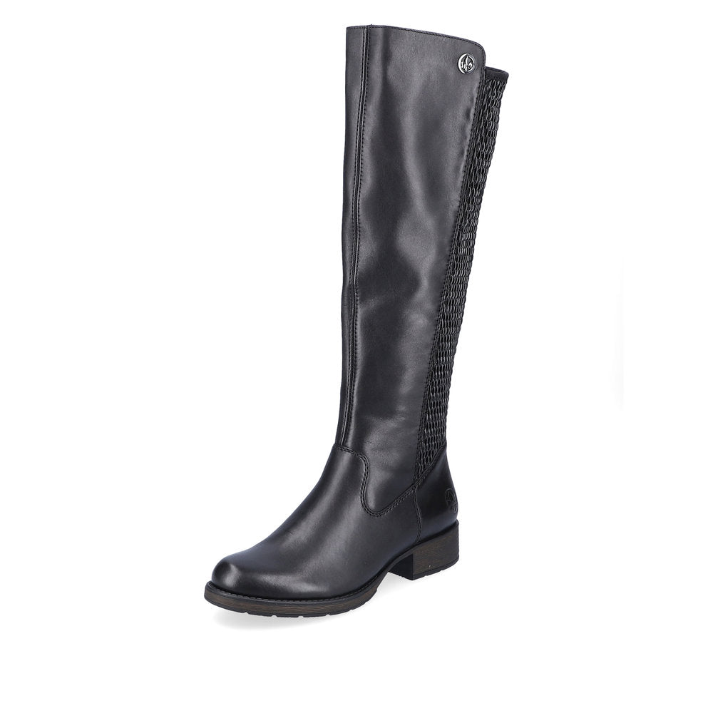 Rieker Z9591-00 women's black leather side zip knee high boots, front three-quarter view.
