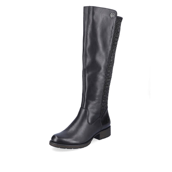 Rieker Z9591-00 women's black leather side zip knee high boots, front three-quarter view.