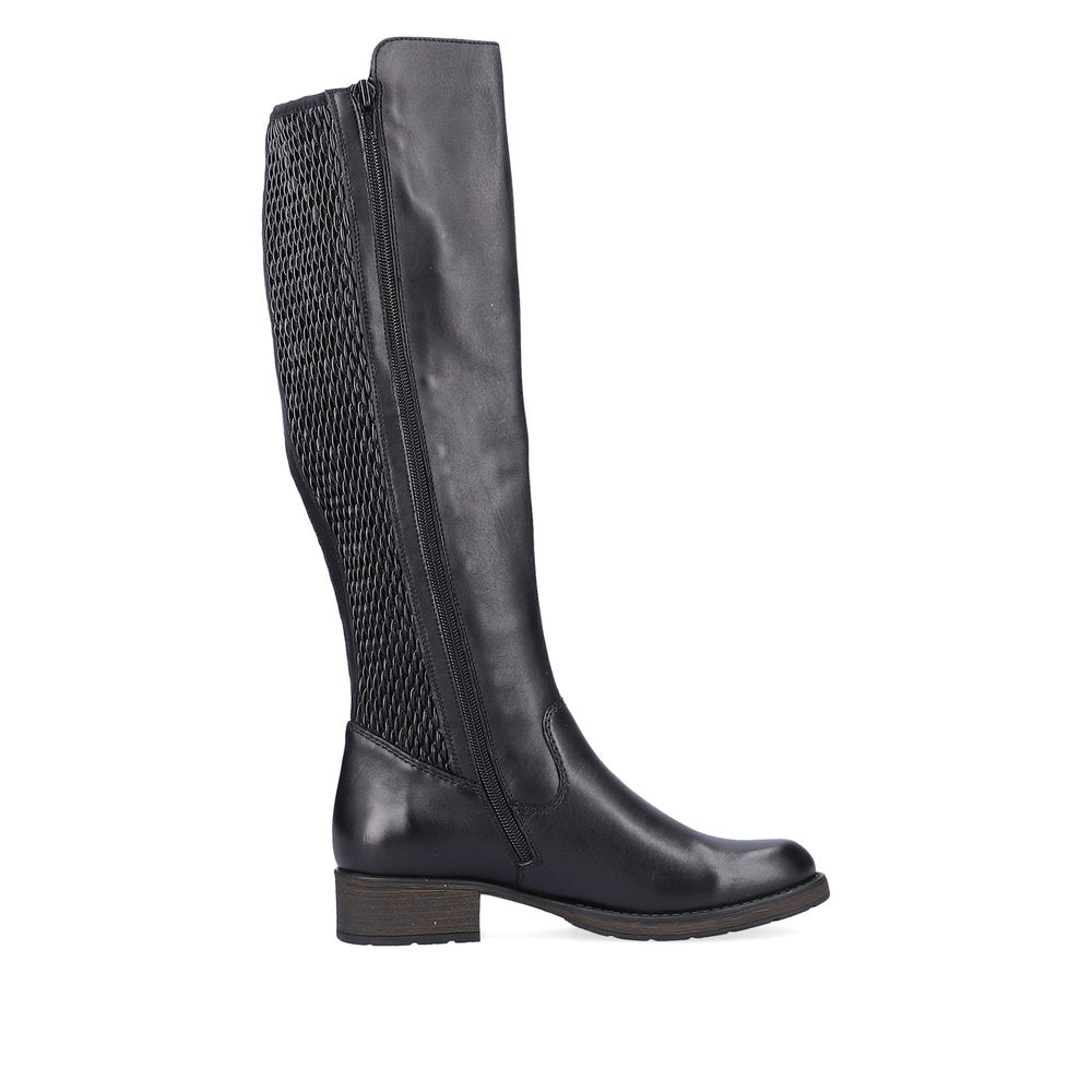 Rieker Z9591-00 women's black leather side zip knee high boots, outer side view.