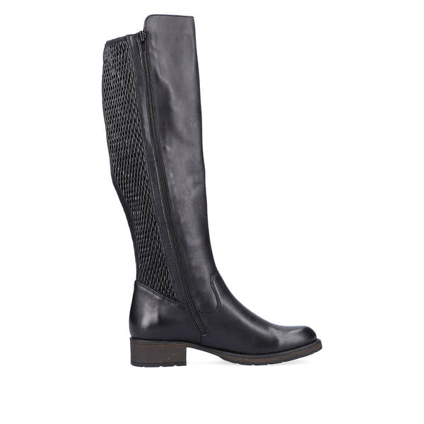 Rieker Z9591-00 women's black leather side zip knee high boots, outer side view.