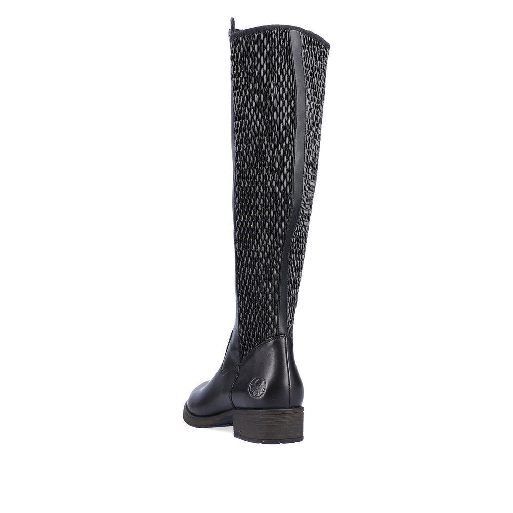 Rieker Z9591-00 women's black leather side zip knee high boots, rear three-quarter view.