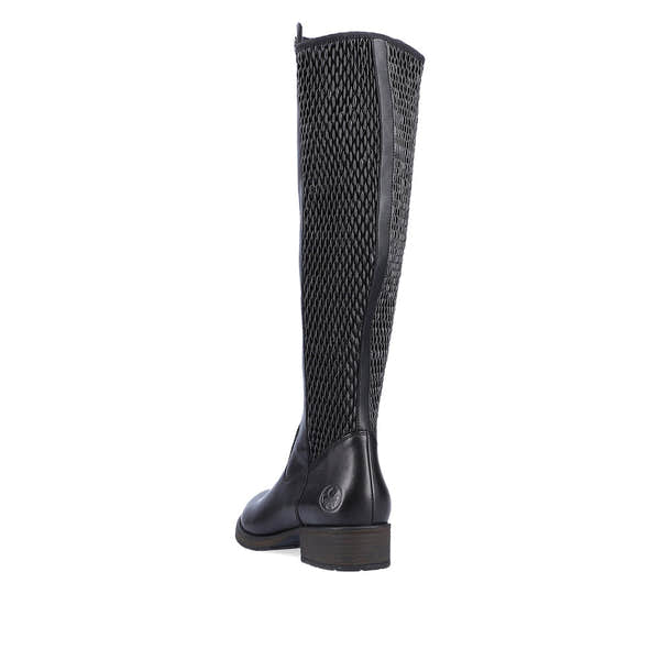 Rieker Z9591-00 women's black leather side zip knee high boots, rear three-quarter view.