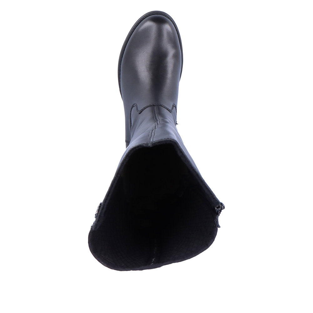 Rieker Z9591-00 women's black leather side zip knee high boots, top view.