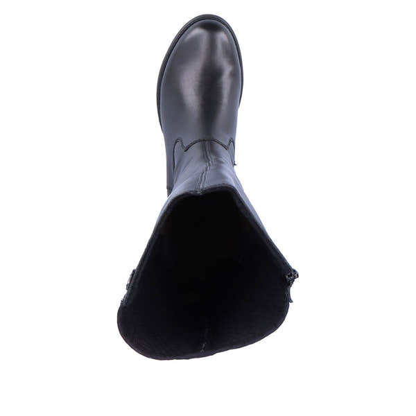 Rieker Z9591-00 women's black leather side zip knee high boots, top view.