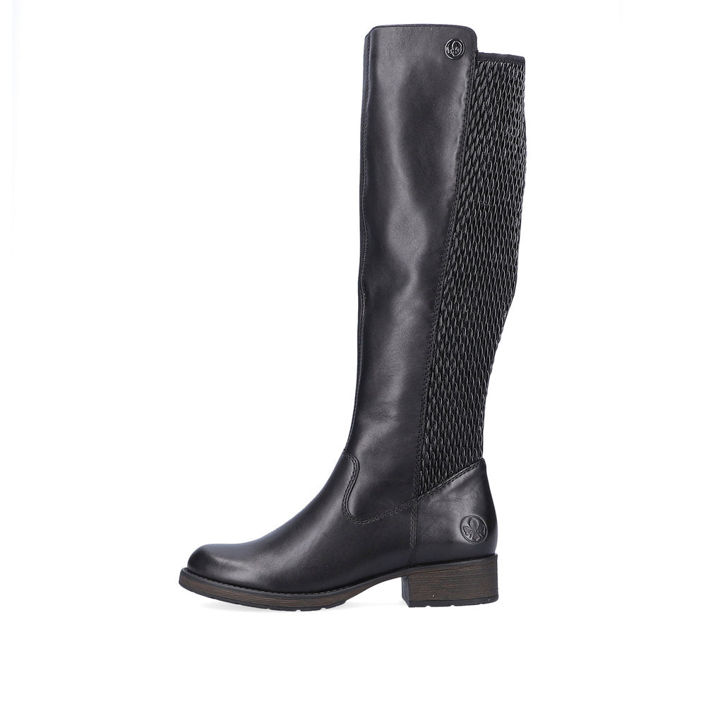 Rieker Z9591-00 women's black leather side zip knee high boots, inner side view.