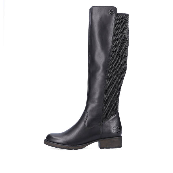 Rieker Z9591-00 women's black leather side zip knee high boots, inner side view.
