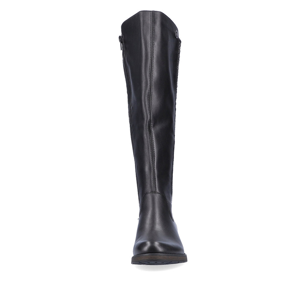 Rieker Z9591-00 women's black leather side zip knee high boots, front view.