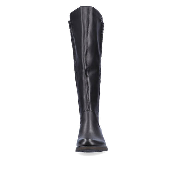 Rieker Z9591-00 women's black leather side zip knee high boots, front view.