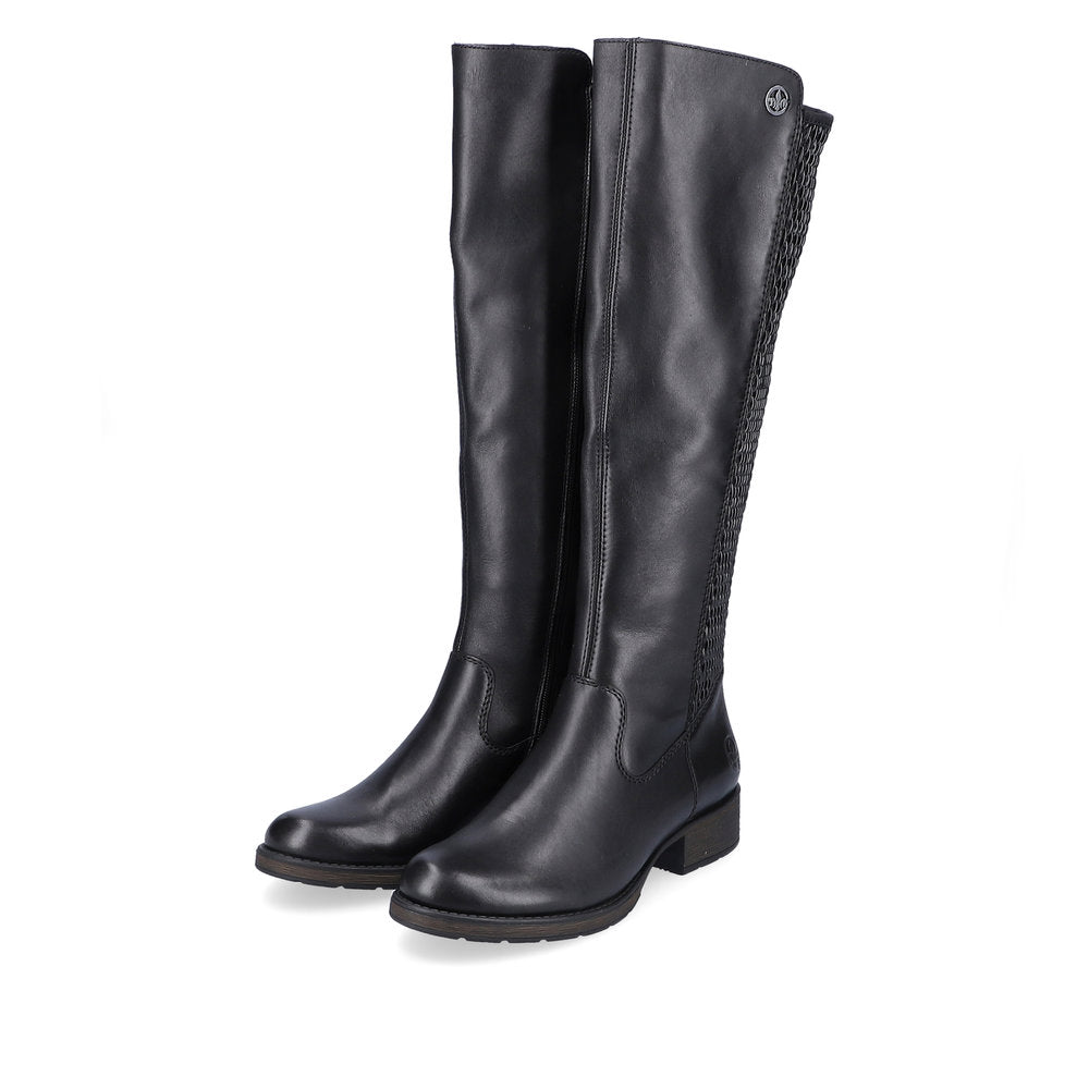 Rieker Z9591-00 women's black leather side zip knee high boots, paired three-quarter view.