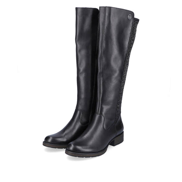 Rieker Z9591-00 women's black leather side zip knee high boots, paired three-quarter view.