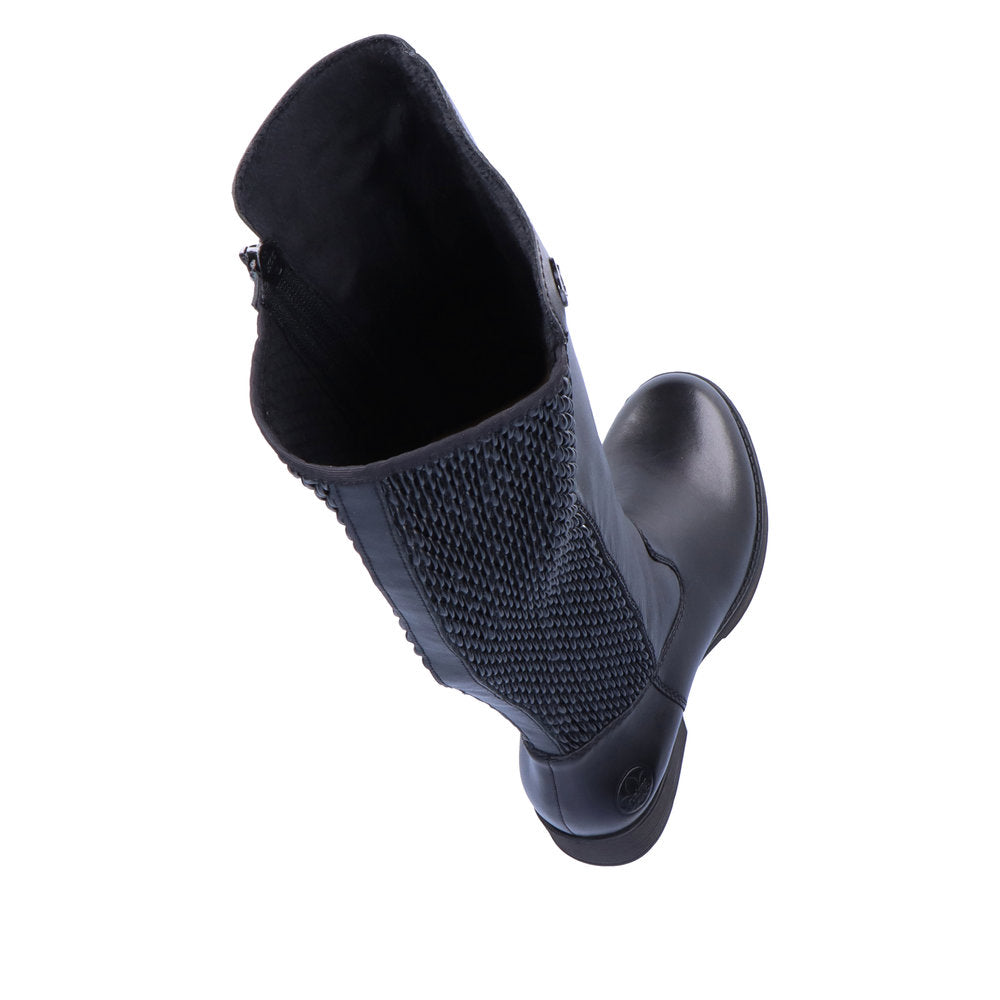 Rieker Z9591-00 women's black leather side zip knee high boots, two-angle product view.